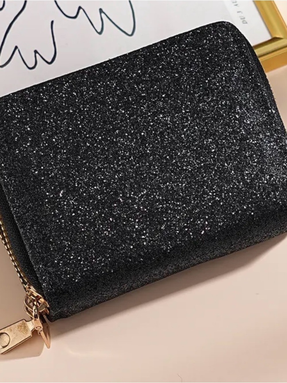 Black Glitter Wallet Double Zipper Accordion Card Holder Coin Purse Womens NEW - Picture 4 of 11